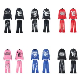 Hellstar Letter Flame Hooded Long-Sleeve Sweatshirt and Sweatpants Set-4550